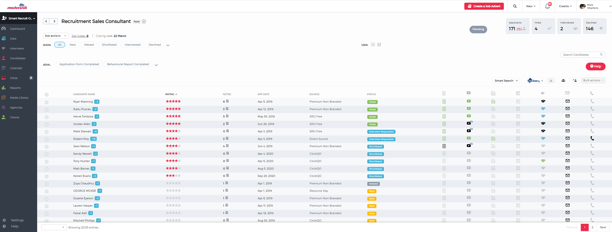 Applicant list screenshot